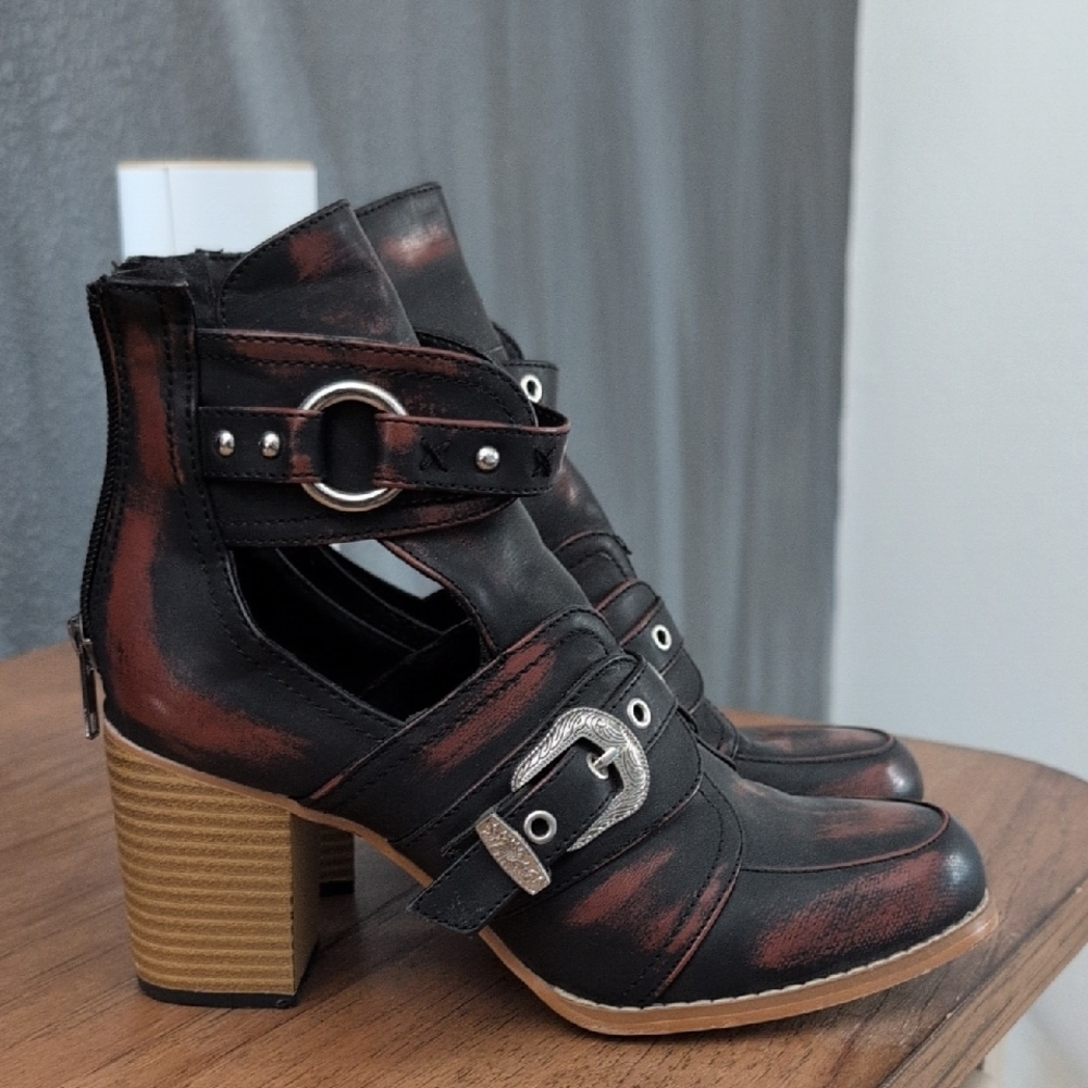 Trendy Black and Brown Ankle Boots with Buckle Detail